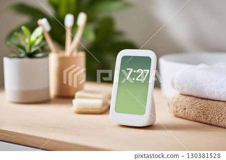 Desk setup featuring a digital clock, plants, and bathroom essentials in a modern space Desk setup featuring a digital clock, plants, and bathroom essentials in a modern space 130381528