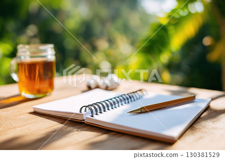 Notebook mockup on an outdoor table with tea and a sunny atmosphere Notebook mockup on an outdoor table with tea and a sunny atmosphere 130381529