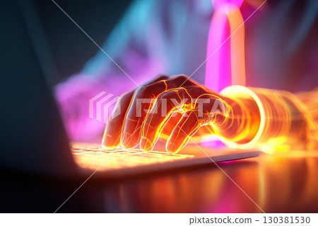 Person typing on laptop with glowing neon tie in a dimly lit environment during night Person typing on laptop with glowing neon tie in a dimly lit environment during night 130381530