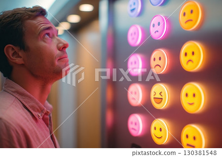 Electronic display of glowing emoticons on elevator panel with a man observing during the evening 130381548