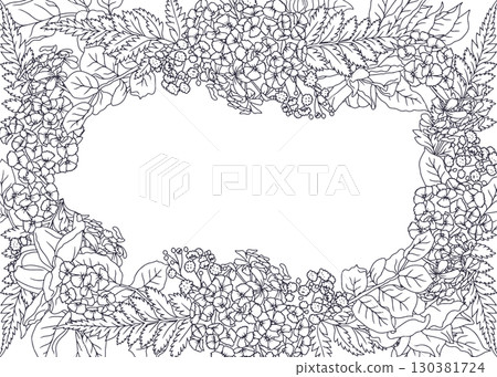 Beautiful hand drawn line art black and white rose flowers and leaves horizontal oval frame Beautiful hand drawn line art black and white rose flowers and leaves horizontal oval frame 130381724