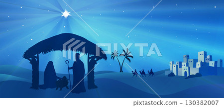 Silhouette of the Holy Family Nativity Scene in a Blue Landscape with the Starry Sky of Bethlehem Silhouette of the Holy Family Nativity Scene in a Blue Landscape with the Starry Sky of Bethlehem 130382007