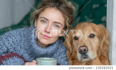 Young woman in cozy sweater enjoying warm drink with golden retriever dog, creating a serene atmosphere of companionship and comfort indoors Young woman in cozy sweater enjoying warm drink with golden retriever dog, creating a serene atmosphere of companionship and comfort indoors 130382025