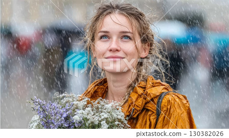 Young woman with flowers in hand smiles joyfully while standing in the rain, showcasing a vibrant orange coat and a cheerful expression 130382026