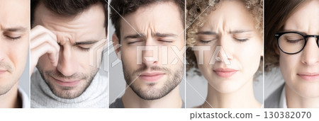 Five individuals show discomfort and pain through their expressions in a minimalist setting 130382070