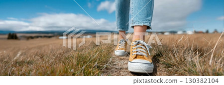Enjoying a peaceful moment while walking on a trail surrounded by expansive fields and blue skies 130382104