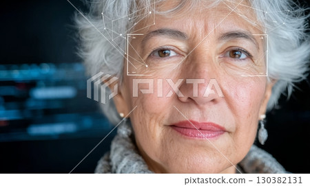 Elderly woman with silver hair and thoughtful expression, showcasing AI-coded identity and biometric data visual in a modern digital environment 130382131