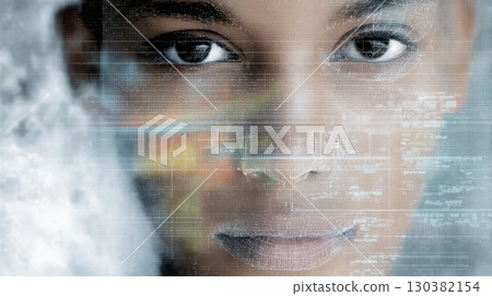 Algorithmic portrait of a young woman with biometric data overlay, showcasing AI-coded identity and digital personality representation in a futuristic style 130382154