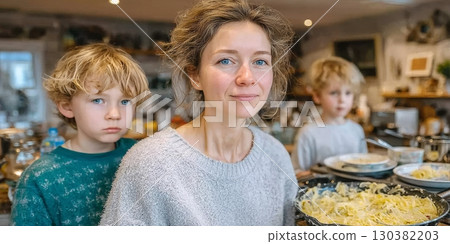 Woman with children in cozy kitchen preparing meal, showcasing family bonding and culinary creativity in warm, inviting atmosphere 130382203