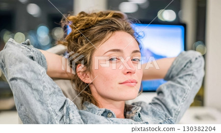 Young woman with tousled hair relaxing in a modern office environment, exuding confidence and calmness while seated at her desk 130382204