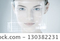 Algorithmic portrait of a woman with biometric data visualization, showcasing AI-coded identity and digital personality in a futuristic setting 130382231