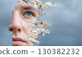 Portrait of a person with a surreal blend of facial features and clouds, representing the concept of AI-coded identity and algorithmic personality 130382232