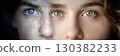 Duality of human identity illustrated through an algorithmic portrait showcasing biometric data and coded personality in a striking visual representation 130382233