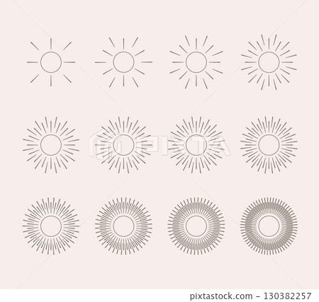 Radial circle line icons. Starburst, sunburst rays, beams, shine shapes vector collection. Radial circle line icons. Starburst, sunburst rays, beams, shine shapes vector collection. 130382257