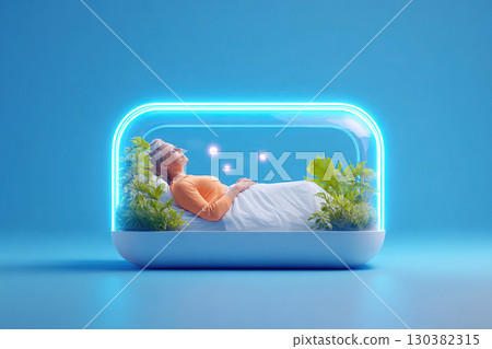 Modern sleeping pod designed for relaxation and wellness in a tranquil environment 130382315
