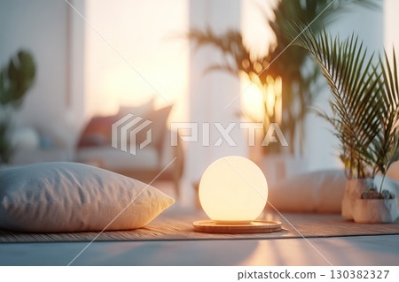 Meditation space with soft mats, warm light, and indoor plants creates a tranquil atmosphere 130382327