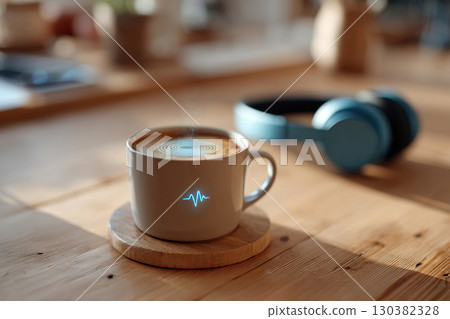 Modern office setup featuring AI assistant hologram above a coffee cup Modern office setup featuring AI assistant hologram above a coffee cup 130382328