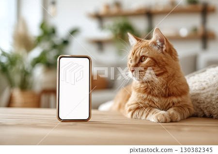 British cat lounges peacefully beside an empty smartphone on a wooden table indoors British cat lounges peacefully beside an empty smartphone on a wooden table indoors 130382345