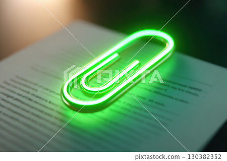 Green paperclip levitates above glowing surface, creating an enchanting visual effect 130382352