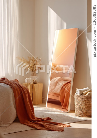 Bright and cozy bedroom with a large mirror reflecting warm sunlight and soft decor elements 130382395
