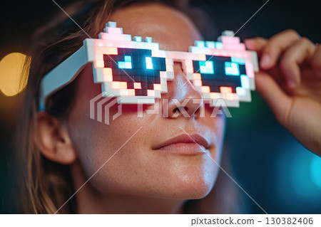 Person wearing neon virtual reality glasses gazing intently at a digital landscape at night 130382406