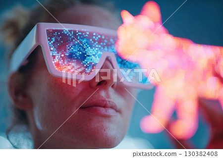 Neon VR glasses wearer engaged in interactive experience with glowing cat figurine 130382408
