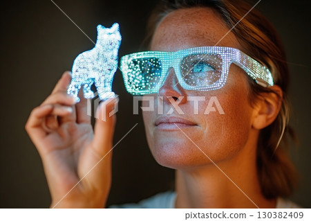 Individual wearing neon VR glasses interacts with glowing figure in a dimly lit space 130382409