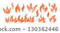 Hand drawn fire flames set. Crayon, pastel and chalk doodle collection with sketch texture. Grunge yellow flame elements. Vector illustration isolated on white background 130382446