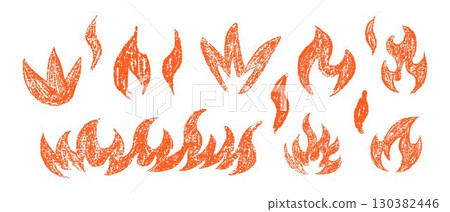 Hand drawn fire flames set. Crayon, pastel and chalk doodle collection with sketch texture. Grunge yellow flame elements. Vector illustration isolated on white background Hand drawn fire flames set. Crayon, pastel and chalk doodle collection with sketch texture. Grunge yellow flame elements. Vector illustration isolated on white background 130382446