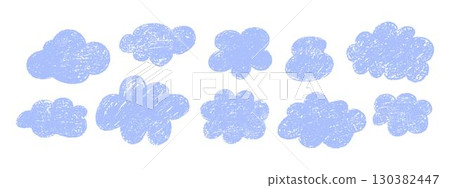 Cute chalk pastel cloud doodle set. Hand drawn kids style cartoon sky symbols with fluffy clouds. Crayon sketch weather elements vector isolated on background Cute chalk pastel cloud doodle set. Hand drawn kids style cartoon sky symbols with fluffy clouds. Crayon sketch weather elements vector isolated on background 130382447