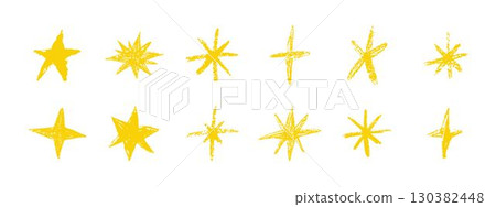 Chalk stars doodle collection. Grunge hand drawn textured set of star icons isolated on white background Chalk stars doodle collection. Grunge hand drawn textured set of star icons isolated on white background 130382448
