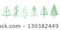 Hand drawn Christmas tree set. Crayon and pastel doodle sketches of pine and spruce. Childlike chalk style festive vector illustration on white background 130382449