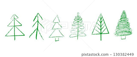 Hand drawn Christmas tree set. Crayon and pastel doodle sketches of pine and spruce. Childlike chalk style festive vector illustration on white background Hand drawn Christmas tree set. Crayon and pastel doodle sketches of pine and spruce. Childlike chalk style festive vector illustration on white background 130382449