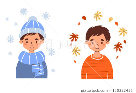 Seasonal Cute Boy Kid collection. Isolated Male Portrait Autumn with Fall leaves and Winter Character Under Snowflakes. Vector illustration. Perfect for poster, banner, card, design. Not AI 130382455