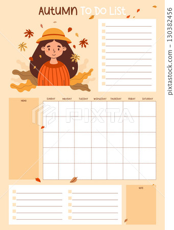 Autumn Planner with Woman in hat with Fall Leaves. Organizer for grid Calendar Month, To-Do list and Note, memo. Seasonal Vertical printable Template. Vector illustration. Kids collection. Not AI 130382456