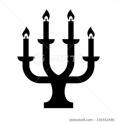 Silhouette of Five Candle Candelabra. Vector Illustration. The design features a classic candlestick holder with symmetrical arms and stylized flames on each candle. 130382490