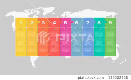 Nine steps line infographic, color puzzle diagram Nine steps line infographic, color puzzle diagram 130382568