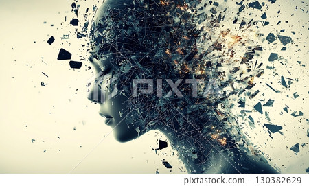 A woman's face is shown in a blurry, fragmented state 130382629