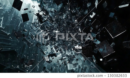 A dark, blurry image of a shattered glass window 130382633