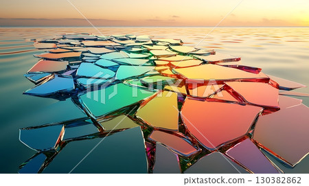 A colorful ice block with a rainbow pattern on it floating in the ocean 130382862