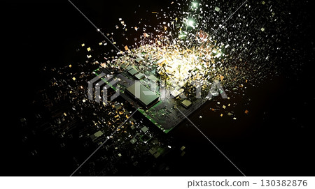 A computer chip is exploding in a black background 130382876
