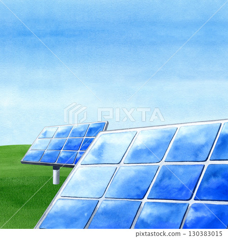 Solar panel, PV battery on field landscape. Alternative generator energy template. Renewable green energetic resources. Watercolor illustration for web sites design, environmental conservation 130383015