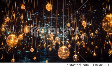 A cluster of glowing orbs hanging from the ceiling 130383091