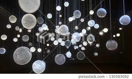 A room with many white balls hanging from the ceiling 130383092