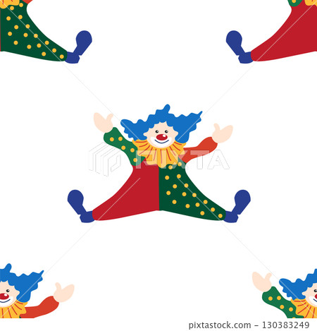 Seamless pattern with CIRCUS theme. Clowns, strongmen, lions, magic hat, hare in hat, holiday, balloons, tents. Circus characters. Cartoon flat style. 130383249