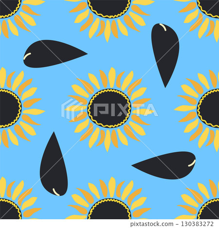 Seamless pattern with sunflower, green leaves and black seeds Seamless pattern with sunflower, green leaves and black seeds 130383272