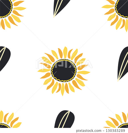 Seamless pattern with sunflower, green leaves and black seeds 130383289