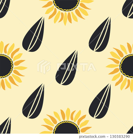 Seamless pattern with sunflower, green leaves and black seeds Seamless pattern with sunflower, green leaves and black seeds 130383290