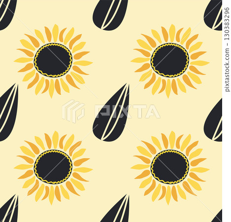 Seamless pattern with sunflower, green leaves and black seeds 130383296