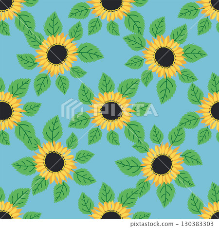 Seamless pattern with sunflower, green leaves and black seeds Seamless pattern with sunflower, green leaves and black seeds 130383303